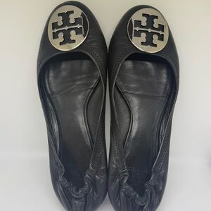 Tory Burch Black Leather Flats with Silver Logo